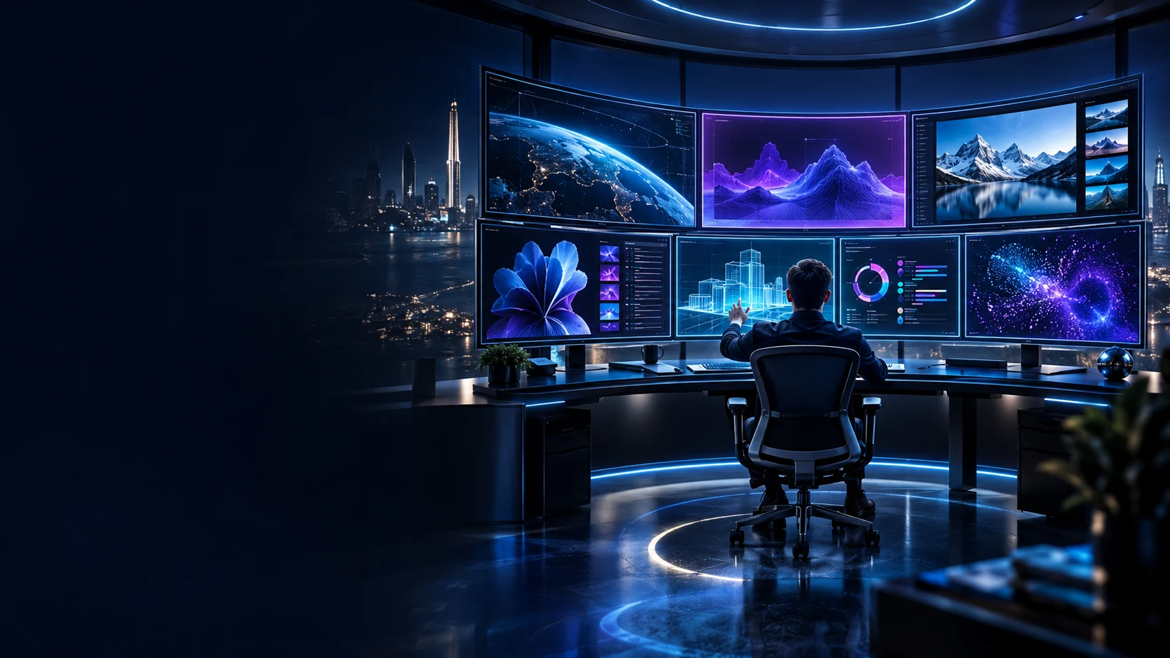 An operator arranges a large multi-display workspace in an editorial illustration.