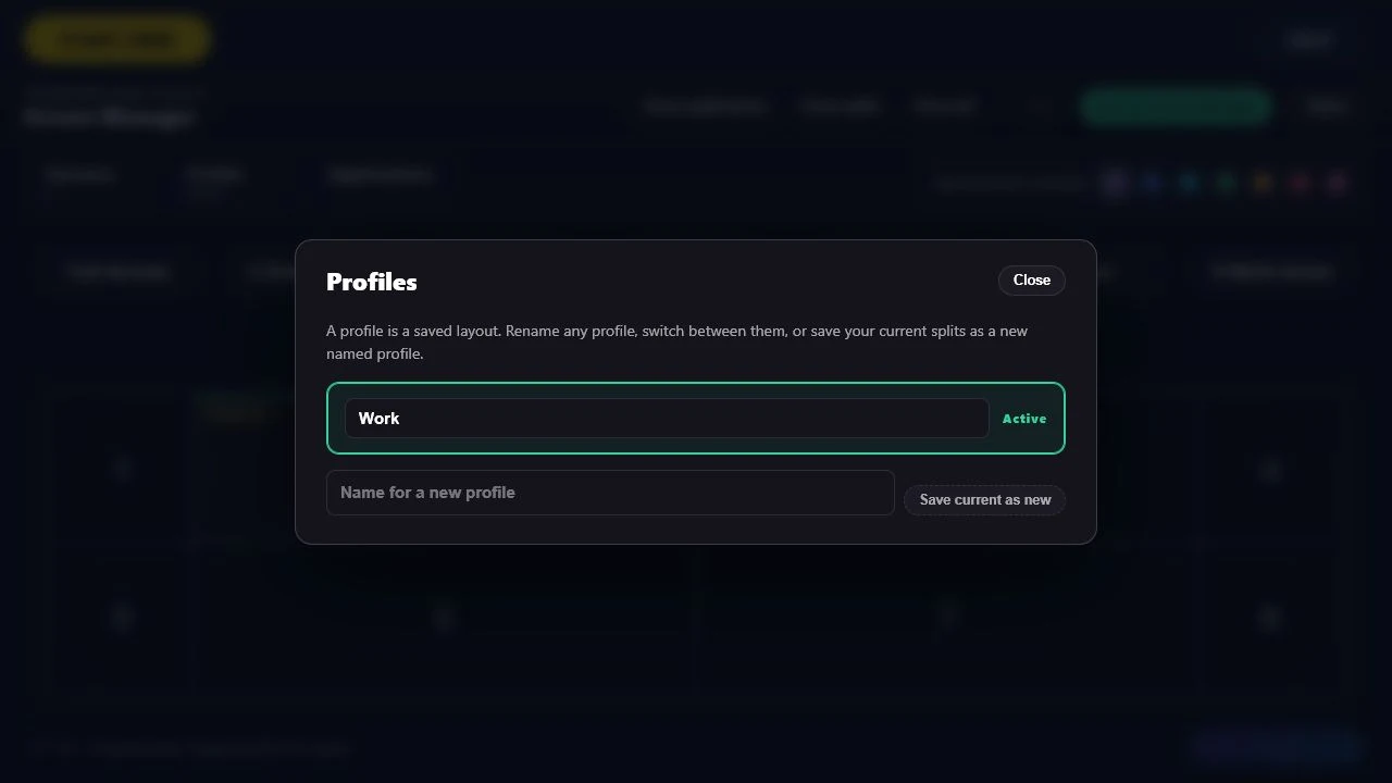 Prepared Screen Manager profiles view showing an active Work profile and a new-profile action.
