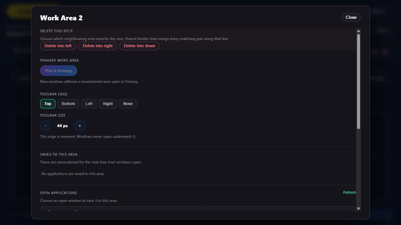 Prepared Screen Manager work-area view with Primary, toolbar edge and application assignment controls.